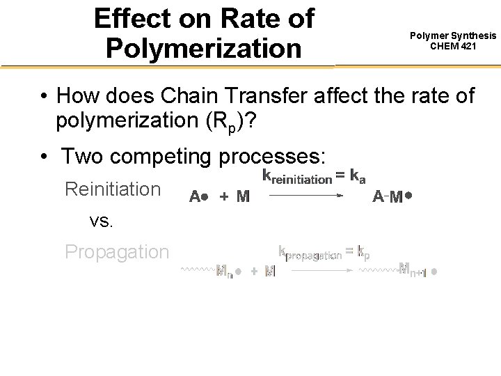 Effect on Rate of Polymerization Polymer Synthesis CHEM 421 • How does Chain Transfer