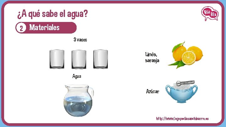 ¿A qué sabe el agua? 2 Materiales 3 vasos Limón, naranja Agua Azúcar http: