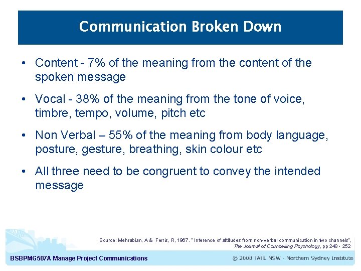 Communication Broken Down • Content - 7% of the meaning from the content of