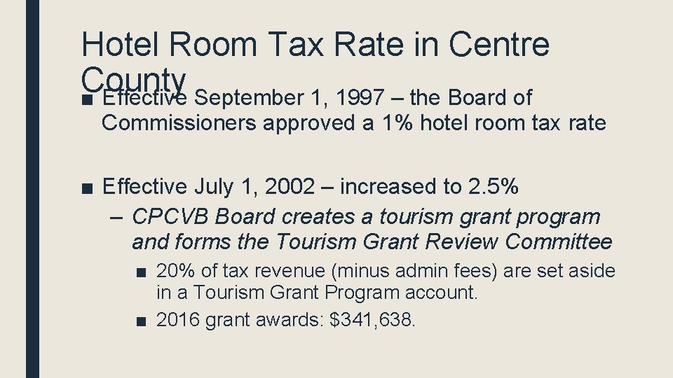 Hotel Room Tax Rate in Centre County ■ Effective September 1, 1997 – the