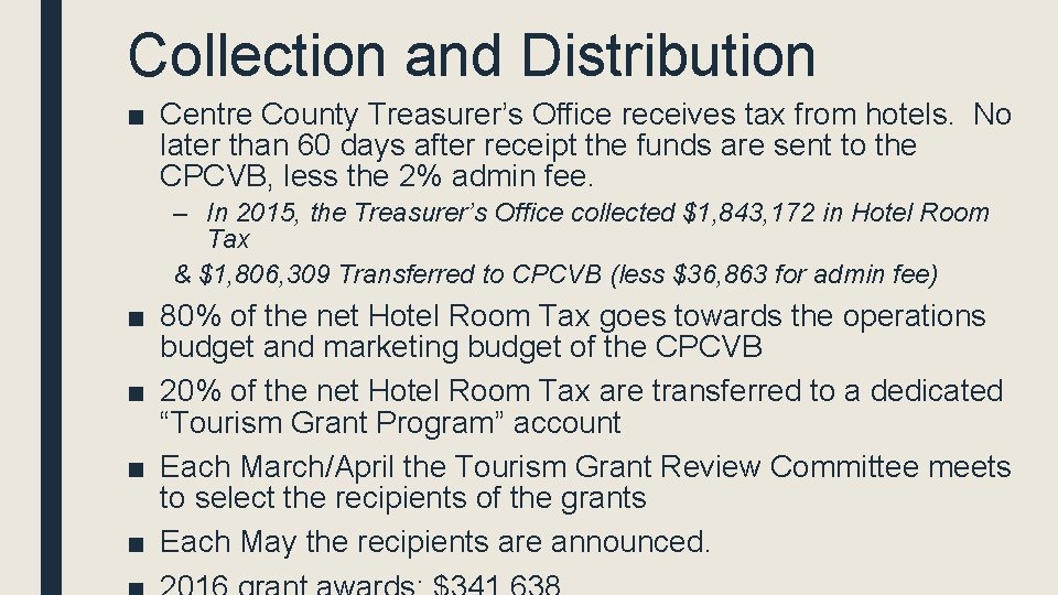 Collection and Distribution ■ Centre County Treasurer’s Office receives tax from hotels. No later