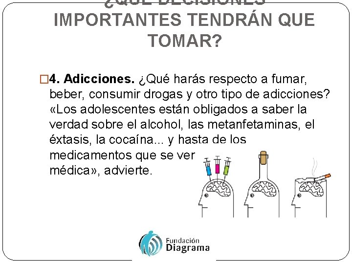 ¿QUÉ DECISIONES IMPORTANTES TENDRÁN QUE TOMAR? � 4. Adicciones. ¿Qué harás respecto a fumar,