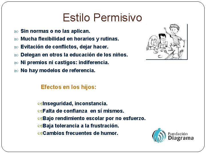 Estilo Permisivo Sin normas o no las aplican. Mucha flexibilidad en horarios y rutinas.