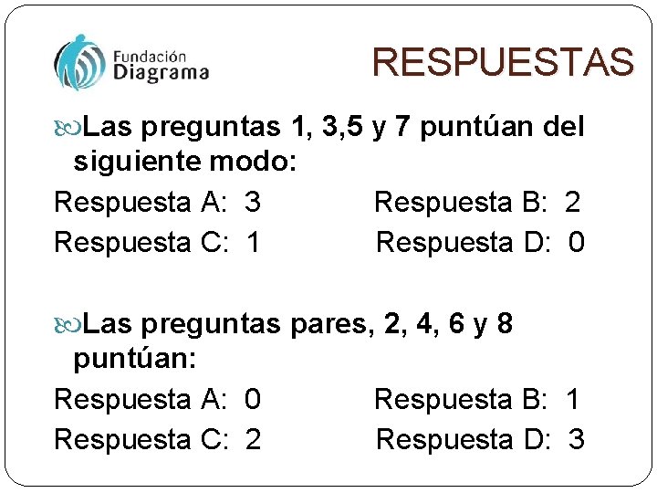 RESPUESTAS Las preguntas 1, 3, 5 y 7 puntúan del siguiente modo: Respuesta A: