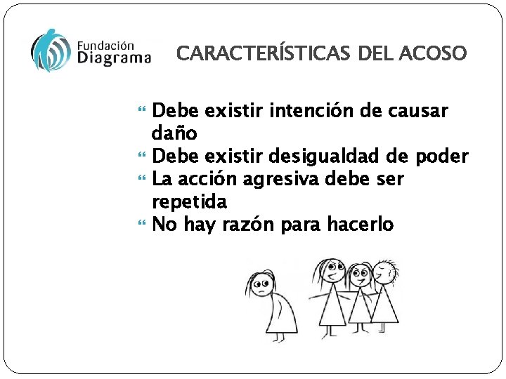 CARACTERÍSTICAS DEL ACOSO Debe existir intención de causar daño Debe existir desigualdad de poder