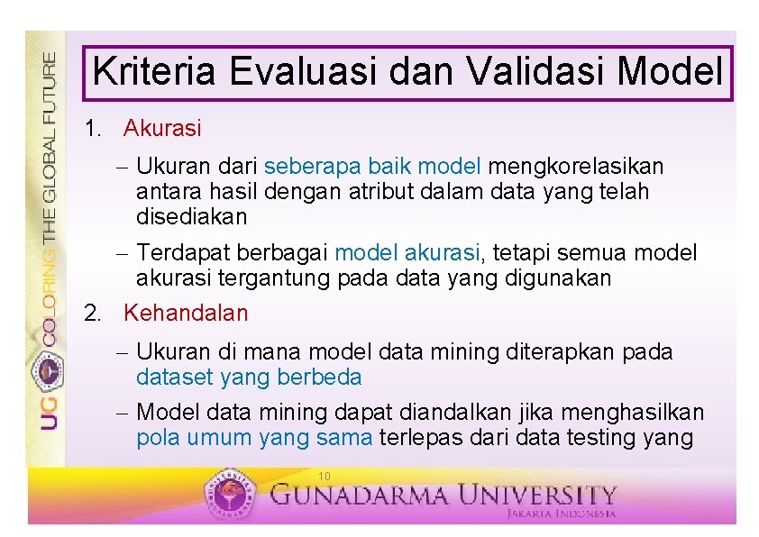 Kriteria Evaluasi dan Validasi Model 1. Akurasi – Ukuran dari seberapa baik model mengkorelasikan