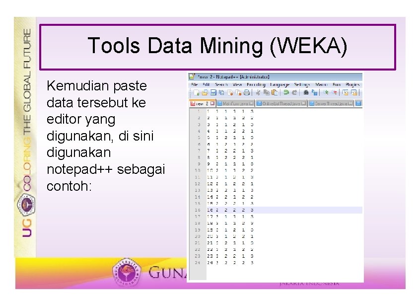 Tools Data Mining (WEKA) Kemudian paste data tersebut ke editor yang digunakan, di sini