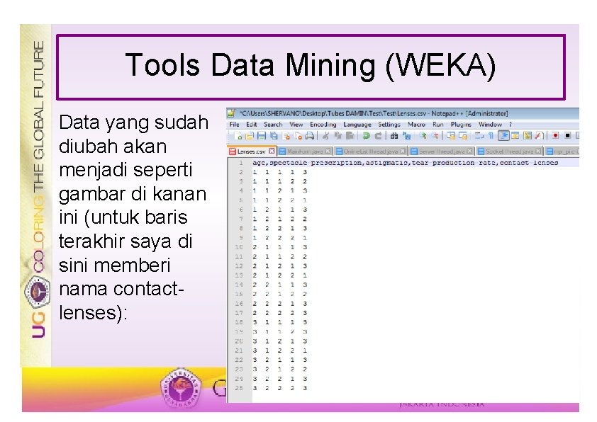 Tools Data Mining (WEKA) Data yang sudah diubah akan menjadi seperti gambar di kanan