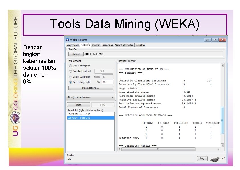 Tools Data Mining (WEKA) Dengan tingkat keberhasilan sekitar 100% dan error 0%: 