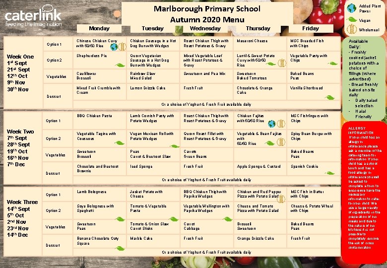 Marlborough Primary School Autumn 2020 Menu Monday Option 1 Week One 1 st Sept