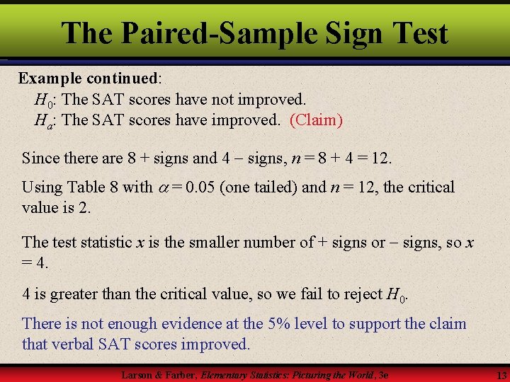 The Paired-Sample Sign Test Example continued: H 0: The SAT scores have not improved.