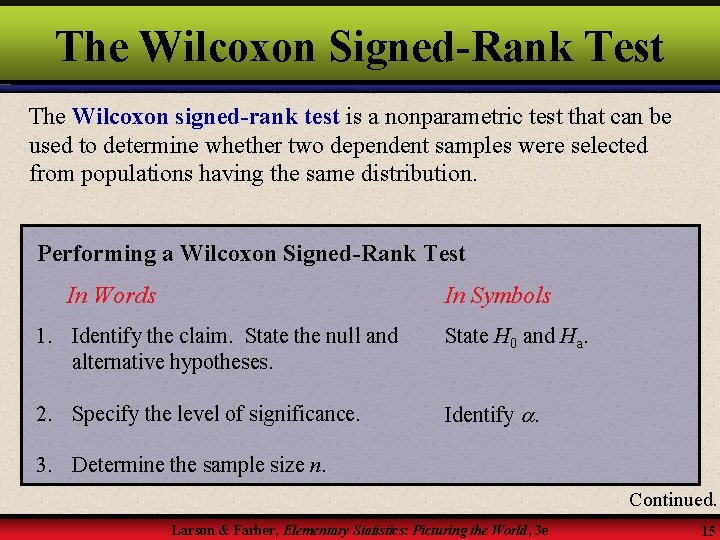 The Wilcoxon Signed-Rank Test The Wilcoxon signed-rank test is a nonparametric test that can