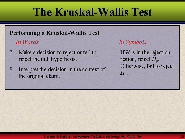 The Kruskal-Wallis Test Performing a Kruskal-Wallis Test In Words In Symbols 7. Make a