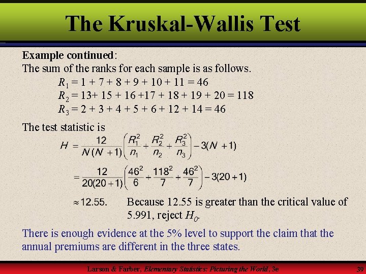The Kruskal-Wallis Test Example continued: The sum of the ranks for each sample is