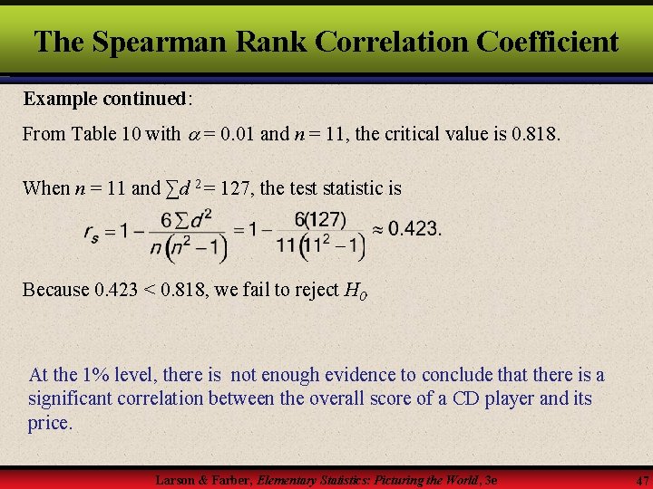 The Spearman Rank Correlation Coefficient Example continued: From Table 10 with = 0. 01