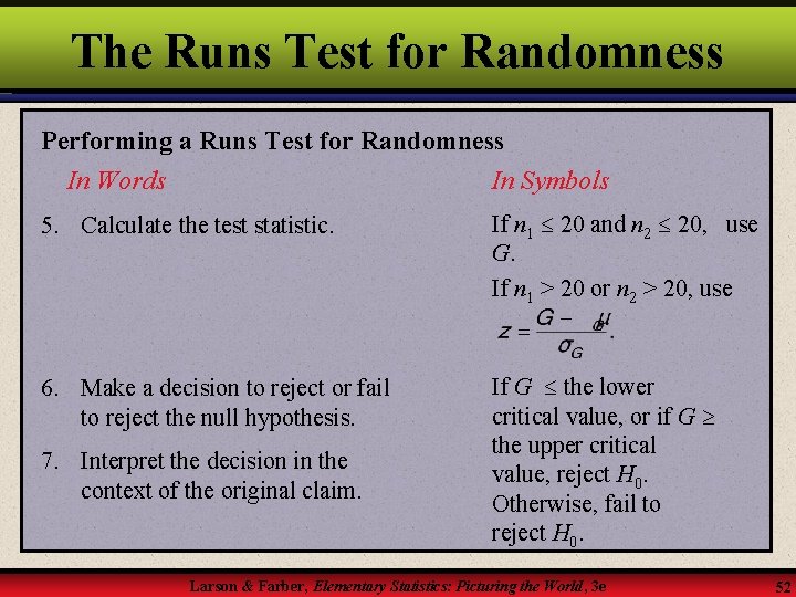 The Runs Test for Randomness Performing a Runs Test for Randomness In Words In