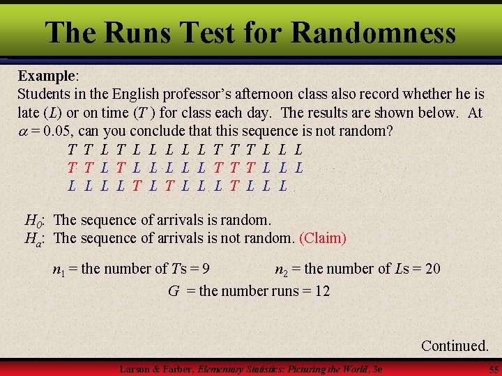 The Runs Test for Randomness Example: Students in the English professor’s afternoon class also