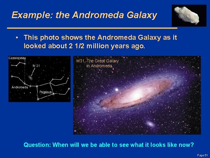 Example: the Andromeda Galaxy • This photo shows the Andromeda Galaxy as it looked