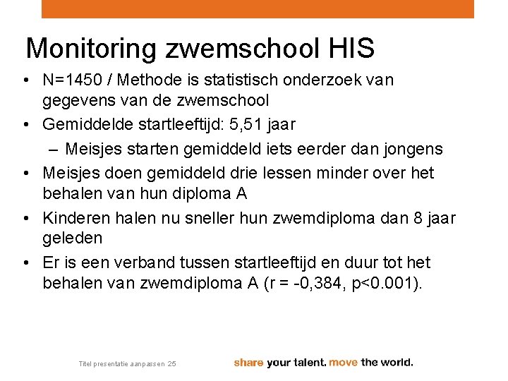 Monitoring zwemschool HIS • N=1450 / Methode is statistisch onderzoek van gegevens van de Monitoring zwemschool HIS • N=1450 / Methode is statistisch onderzoek van gegevens van de