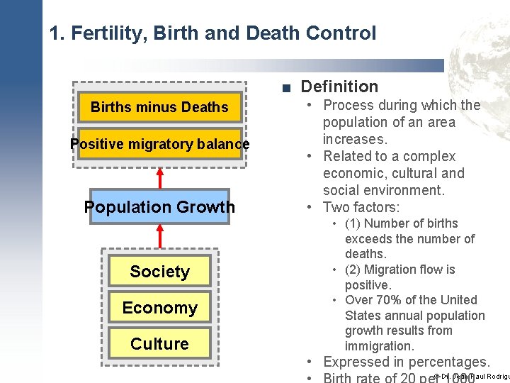 1. Fertility, Birth and Death Control ■ Definition Births minus Deaths Positive migratory balance