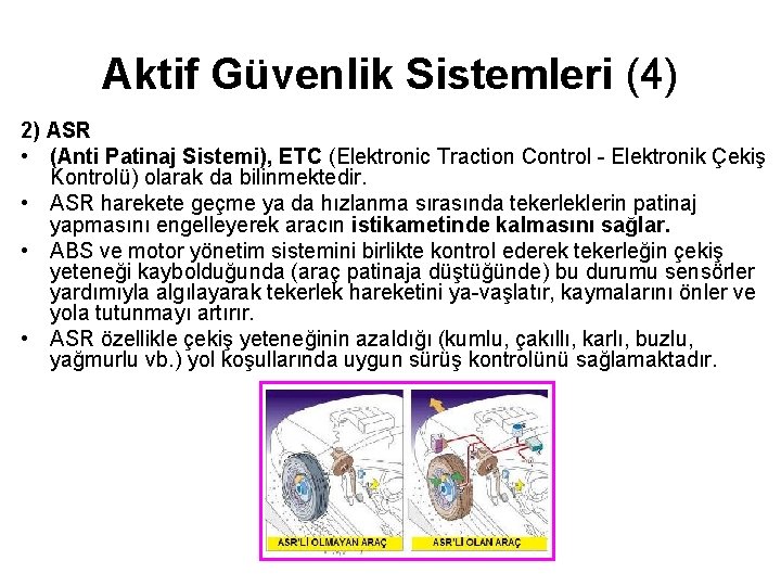 Aktif Güvenlik Sistemleri (4) 2) ASR • (Anti Patinaj Sistemi), ETC (Elektronic Traction Control Aktif Güvenlik Sistemleri (4) 2) ASR • (Anti Patinaj Sistemi), ETC (Elektronic Traction Control