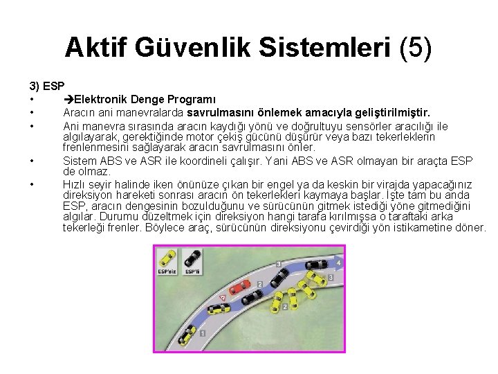 Aktif Güvenlik Sistemleri (5) 3) ESP • Elektronik Denge Programı • Aracın ani manevralarda