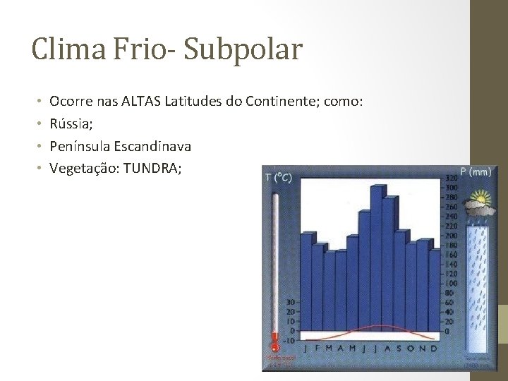 Clima Frio- Subpolar • • Ocorre nas ALTAS Latitudes do Continente; como: Rússia; Península Clima Frio- Subpolar • • Ocorre nas ALTAS Latitudes do Continente; como: Rússia; Península