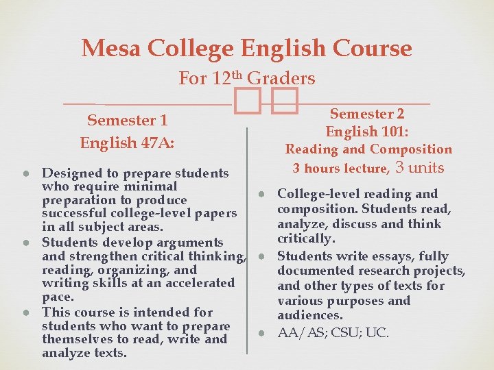 Mesa College English Course For 12 th Graders �� Semester 1 English 47 A: