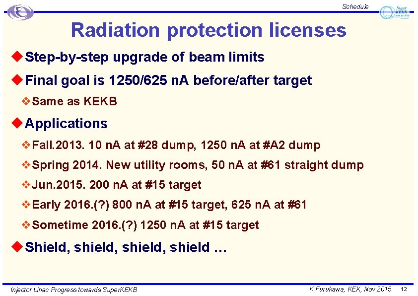 Schedule Radiation protection licenses u Step-by-step upgrade of beam limits u Final goal is