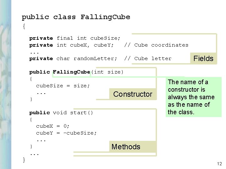 public class Falling. Cube { private final int cube. Size; private int cube. X,