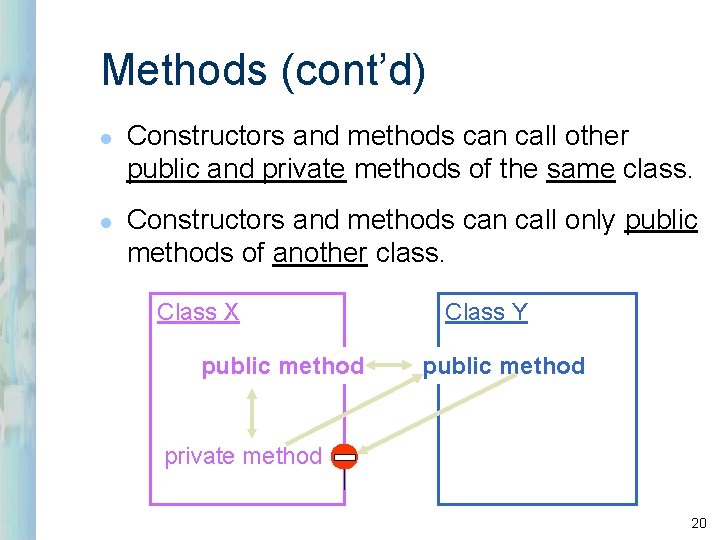 Methods (cont’d) l l Constructors and methods can call other public and private methods