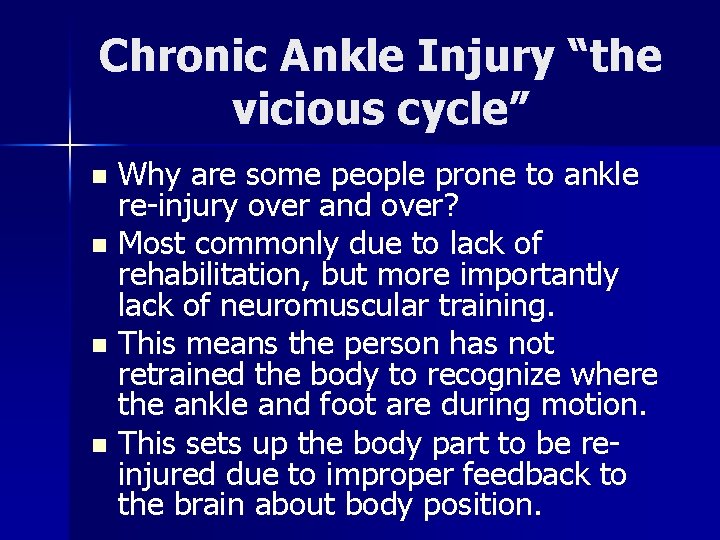 Chronic Ankle Injury “the vicious cycle” Why are some people prone to ankle re-injury Chronic Ankle Injury “the vicious cycle” Why are some people prone to ankle re-injury