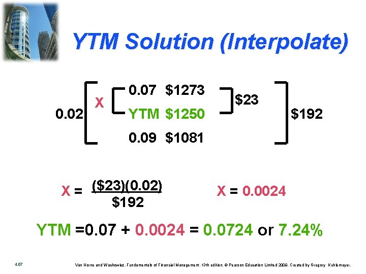 YTM Solution (Interpolate) 0. 02 X 0. 07 $1273 YTM $1250 $23 $192 0.