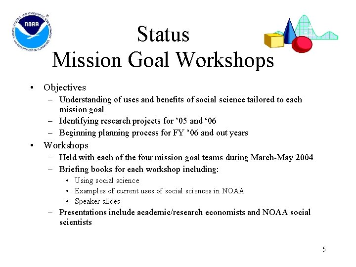 Status Mission Goal Workshops • Objectives – Understanding of uses and benefits of social