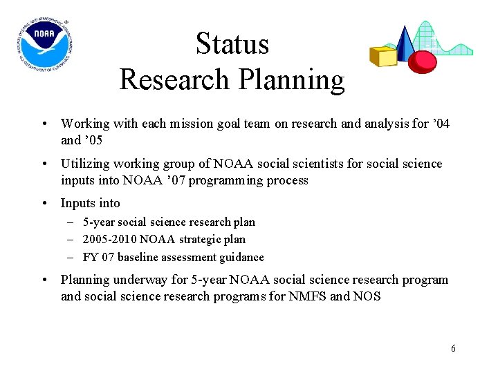 Status Research Planning • Working with each mission goal team on research and analysis
