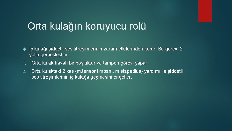 Orta kulağın koruyucu rolü İç kulağı şiddetli ses titreşimlerinin zararlı etkilerinden korur. Bu görevi