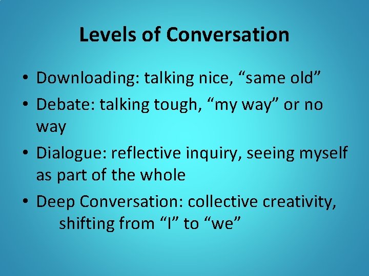 Levels of Conversation • Downloading: talking nice, “same old” • Debate: talking tough, “my Levels of Conversation • Downloading: talking nice, “same old” • Debate: talking tough, “my