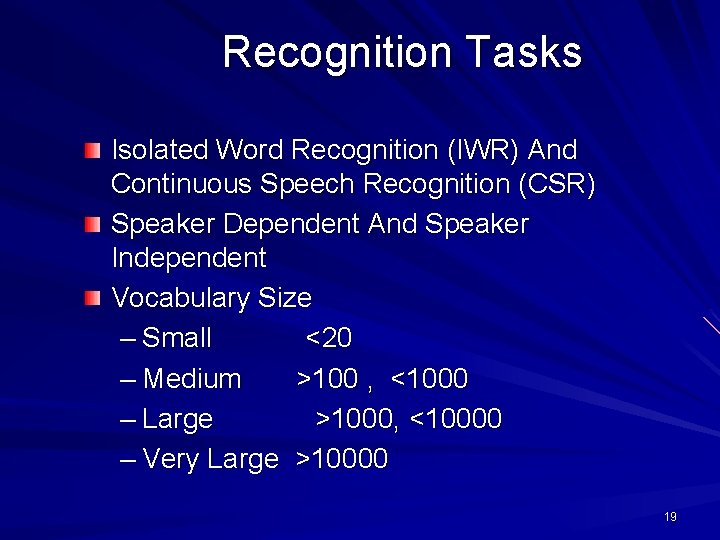 Recognition Tasks Isolated Word Recognition (IWR) And Continuous Speech Recognition (CSR) Speaker Dependent And