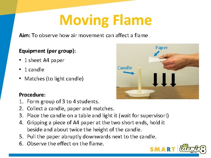 Moving Flame Aim: To observe how air movement can affect a flame Paper Equipment