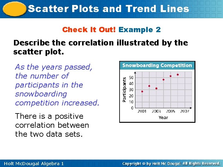 Scatter Plots and Trend Lines Check It Out! Example 2 Describe the correlation illustrated Scatter Plots and Trend Lines Check It Out! Example 2 Describe the correlation illustrated