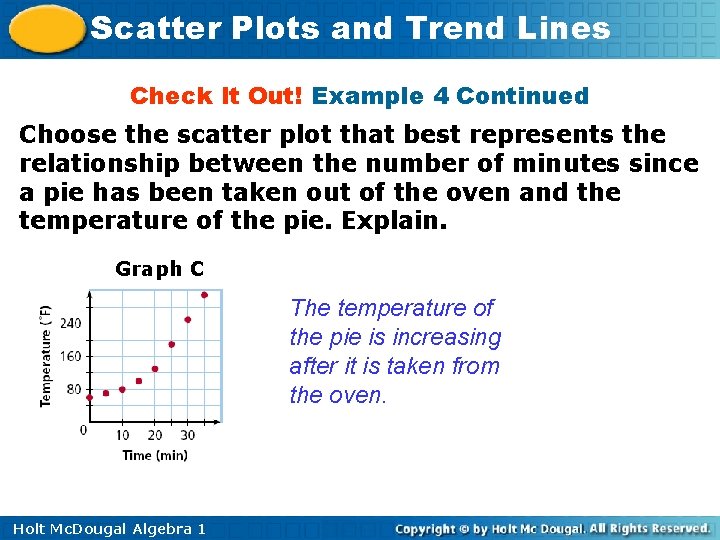 Scatter Plots and Trend Lines Check It Out! Example 4 Continued Choose the scatter Scatter Plots and Trend Lines Check It Out! Example 4 Continued Choose the scatter