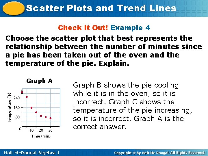 Scatter Plots and Trend Lines Check It Out! Example 4 Choose the scatter plot Scatter Plots and Trend Lines Check It Out! Example 4 Choose the scatter plot