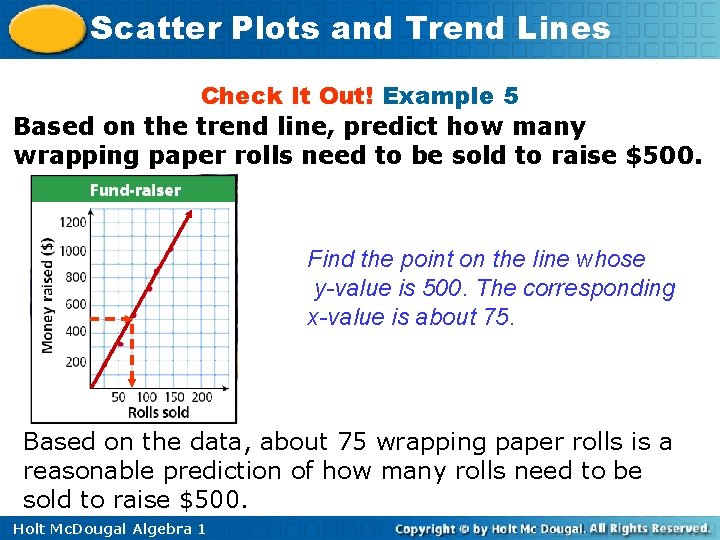 Scatter Plots and Trend Lines Check It Out! Example 5 Based on the trend Scatter Plots and Trend Lines Check It Out! Example 5 Based on the trend