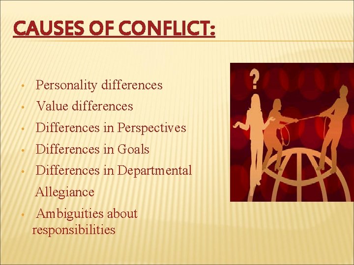 CAUSES OF CONFLICT: • Personality differences • Value differences • Differences in Perspectives •