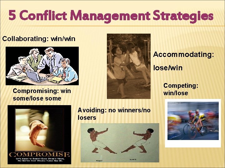 5 Conflict Management Strategies Collaborating: win/win Accommodating: lose/win Competing: win/lose Compromising: win some/lose some