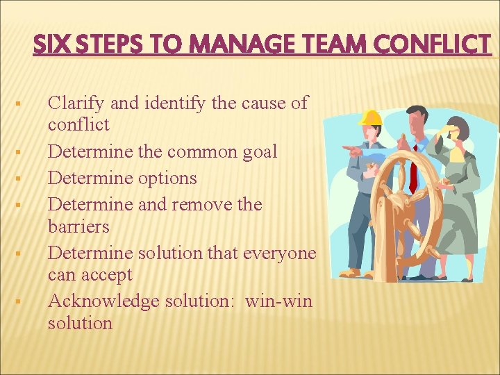 SIX STEPS TO MANAGE TEAM CONFLICT § § § Clarify and identify the cause