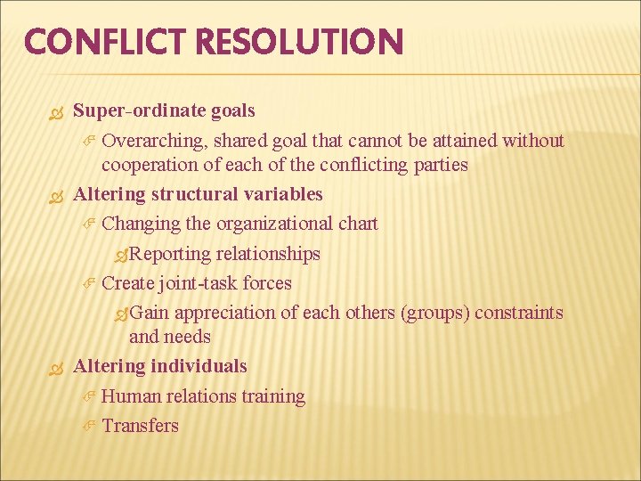 CONFLICT RESOLUTION Super-ordinate goals Overarching, shared goal that cannot be attained without cooperation of CONFLICT RESOLUTION Super-ordinate goals Overarching, shared goal that cannot be attained without cooperation of