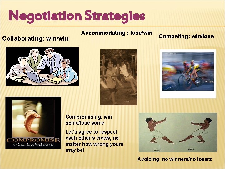 Negotiation Strategies Collaborating: win/win Accommodating : lose/win Competing: win/lose Compromising: win some/lose some Let’s