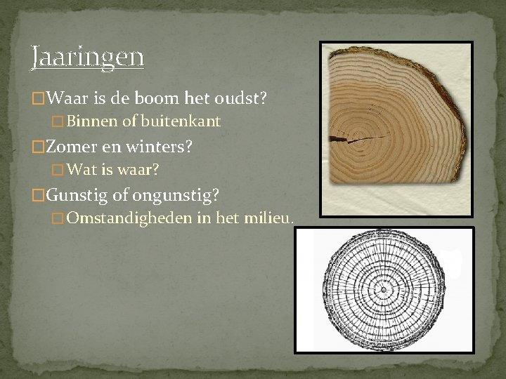 Jaaringen �Waar is de boom het oudst? � Binnen of buitenkant �Zomer en winters?