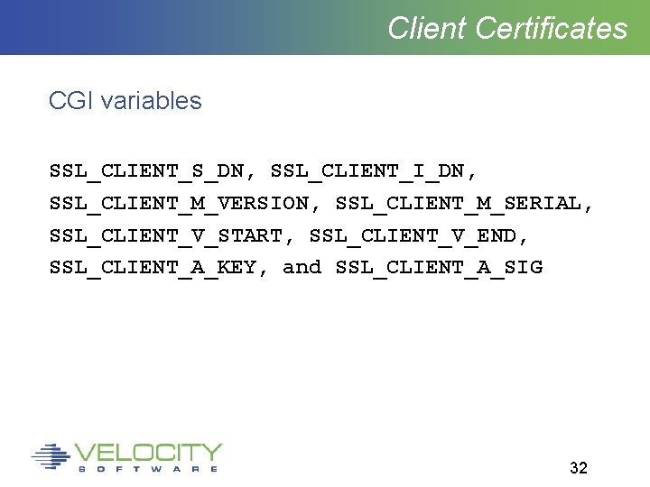 Client Certificates CGI variables SSL_CLIENT_S_DN, SSL_CLIENT_I_DN, SSL_CLIENT_M_VERSION, SSL_CLIENT_M_SERIAL, SSL_CLIENT_V_START, SSL_CLIENT_V_END, SSL_CLIENT_A_KEY, and SSL_CLIENT_A_SIG 32